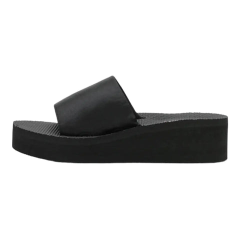 Women's Black Satin Slip On Platform Wedge Sandals - Wild Time Fashion