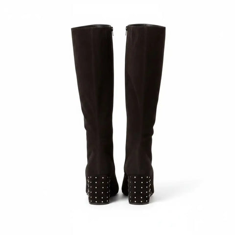 back view Black Suede Studded Knee High Boots with silver studded block heel and almond toe / women's / barIII / size 8