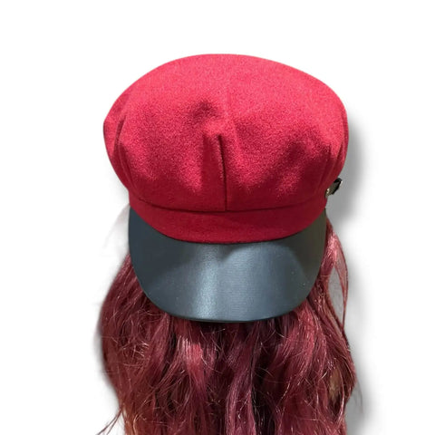 Chauffeur Hat Red Black Faux Brim Cap with black strap with silver buckle accented 8 panel one size worn backwards