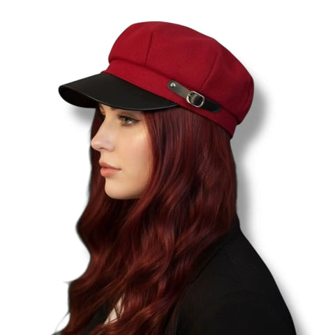 Chauffeur Hat Red Black Faux Brim Cap with black strap with silver buckle accented 8 panel one size 