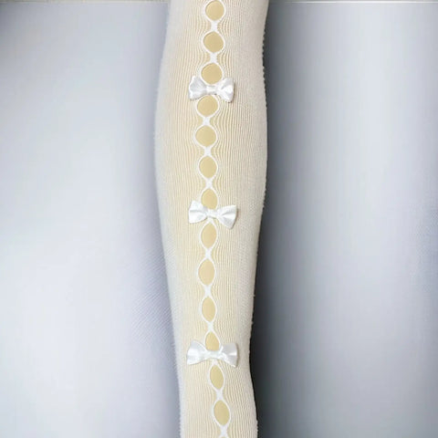 Women's Cut Out Bow Fishnet Tights with small-diamond mesh; off-white, black, and white with black velvet bows