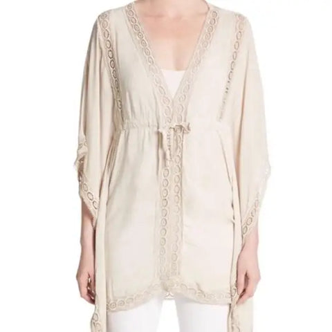 V neckline butterfly sleeve drawstring waist crocheted cream colored blouse saks & 5th Avenue Blouse  Medium 