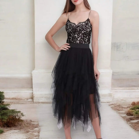 Women's Layered Tulle Midi Skirt high waisted black color
