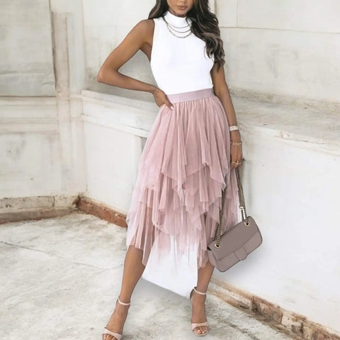Women's Layered Tulle Midi Skirt pink high waisted