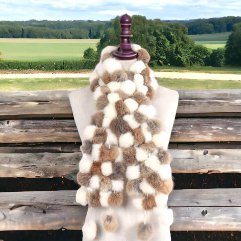 Women's Pull-Through Fur Ball Scarf rex rabbit neck wrap with fluffy pom poms