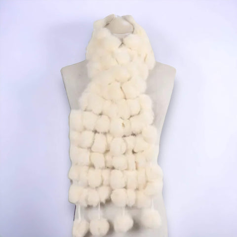 Women's Pull-Through Fur Ball Scarf rex rabbit neck wrap with fluffy pom poms