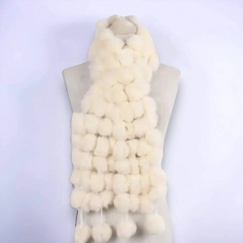 Women's Pull-Through Fur Ball Scarf rex rabbit neck wrap with fluffy pom poms