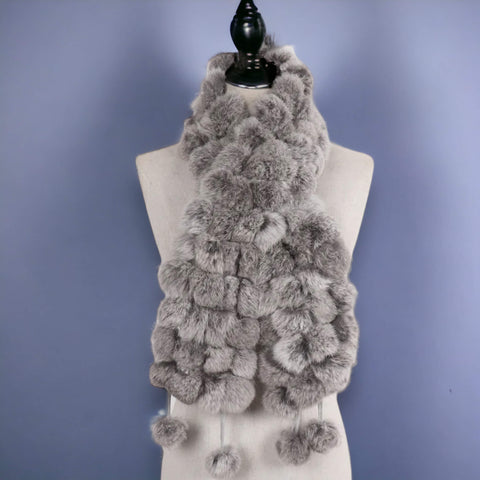 Women's Pull-Through Fur Ball Scarf rex rabbit neck wrap with fluffy pom poms