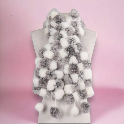 Women's Pull-Through Fur Ball Scarf rex rabbit neck wrap with fluffy pom poms
