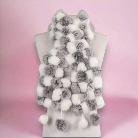 Women's Pull-Through Fur Ball Scarf rex rabbit neck wrap with fluffy pom poms