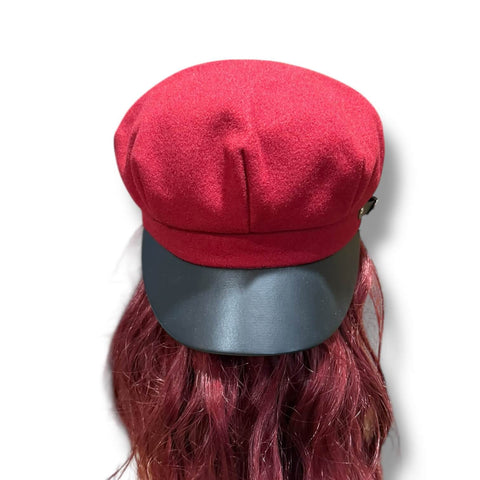 Chauffeur Hat Red Black Faux Brim Cap with black strap with silver buckle accented 8 panel one size worn backwards