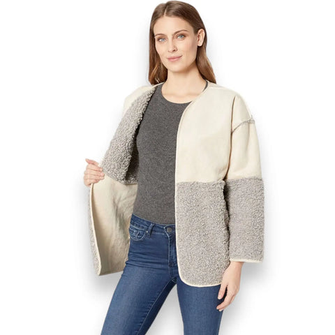 women’s tan suede grey sherpa coat with belt wrap and front pockets in size large