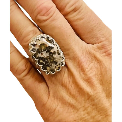 rectangular ocean jasper statement ring in sterling silver fleur-de-lis setting with wide diamond-textured band, size 7.5, handcrafted USA