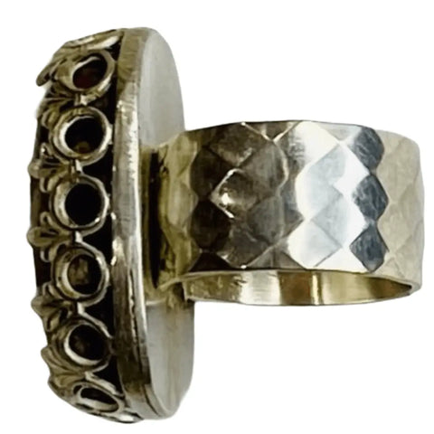 rectangular ocean jasper statement ring in sterling silver fleur-de-lis setting with wide diamond-textured band, size 7.5, handcrafted USA