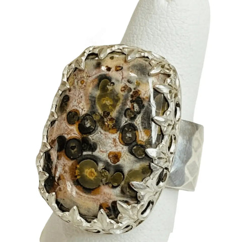 rectangular ocean jasper statement ring in sterling silver fleur-de-lis setting with wide diamond-textured band, size 7.5, handcrafted USA