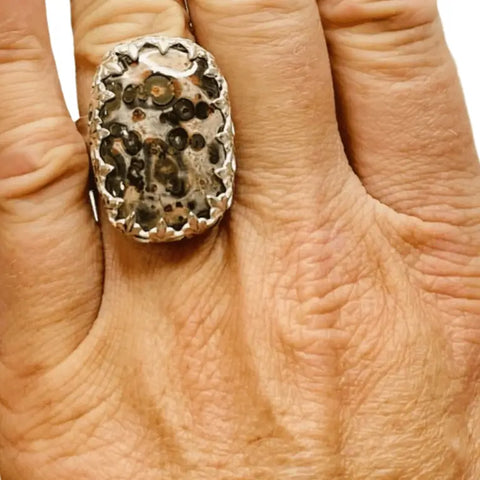 rectangular ocean jasper statement ring in sterling silver fleur-de-lis setting with wide diamond-textured band, size 7.5, handcrafted USA