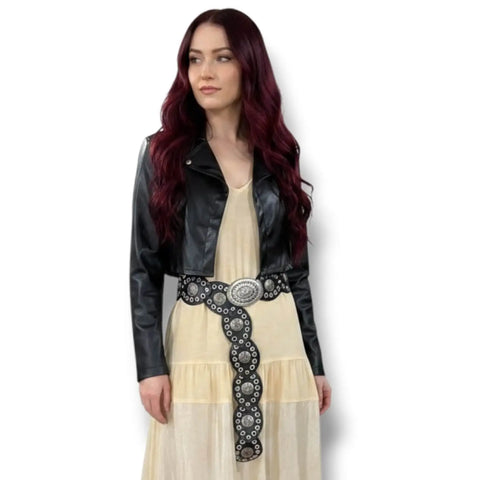Women's wide leather disc statement belt with overlapping medallions, studs and engraved metal centerpiece