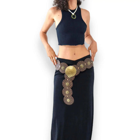 Women's Wide Disc Statement Belts brown brass disc concho belt with coin buckle