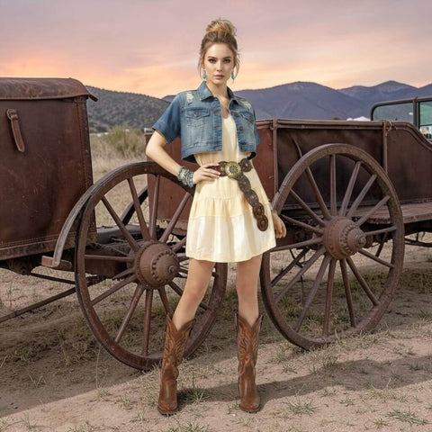 woman wearing the reddish brown brass oval link statement belt festival attire