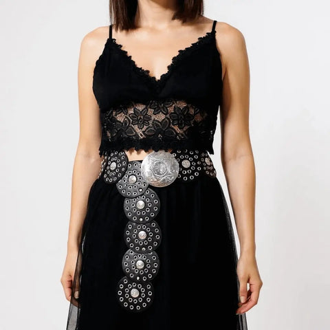 Women's Wide Disc Statement Belts black and gold disc concho belt with coin buckle