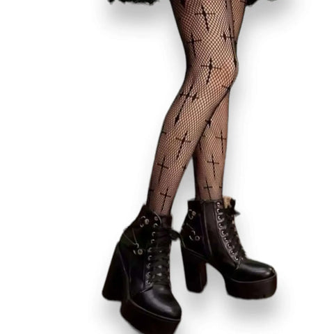 Worship Me Black Tights with gothic cross accents and small diamond fishnet pattern alternative legwear