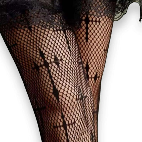 Worship Me Black Tights with gothic cross accents and small diamond fishnet pattern alternative legwear