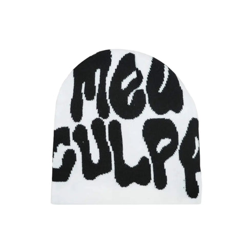 Unisex knit beanie with bold “Mea Culpa” graphic in black and white, styled as winter streetwear hat for Y2K fashion.