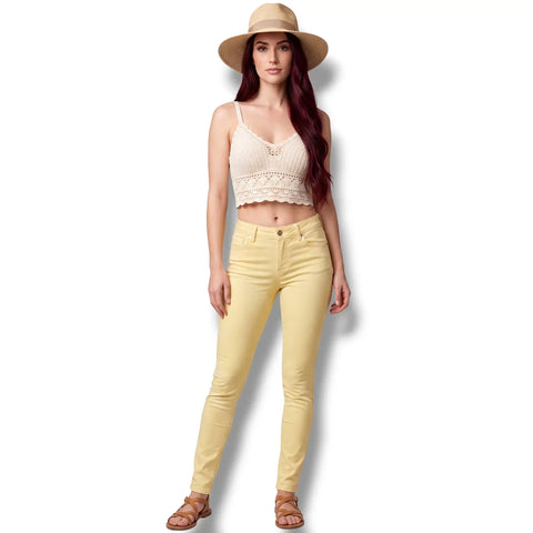 woman wearing with summer attire Yellow Low Rise Skinny Jeans with organic cotton stretch and Y2K streetwear style / 30x 31 or 31 x 31 / Monkee Genes