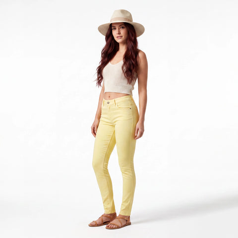 woman wearing with summer outfit Yellow Low Rise Skinny Jeans with organic cotton stretch and Y2K streetwear style / 30x 31 or 31 x 31 / Monkee Genes