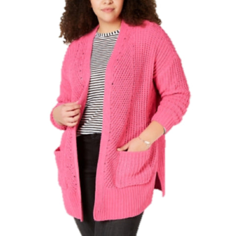 Women's Pink Mid Length Open Front Pockets Knitted Cardigan Sweater - Large - Wild Time Fashion