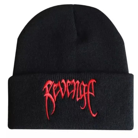Black Rib Knit Beanie Embroidery Graphic Revenge Fitted Cuff  Beanie Cap  Headwear -Heads Fits 15-22"- Wild Time Fashion
