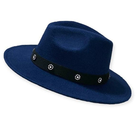 Navy Blue Panama Fedora Hat Stiff Brim Dented Crown Rhinestone Band - One Size