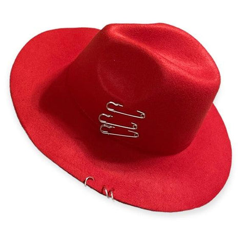 Red Dented Crown Panama Wide Brim Silver Pins & Rings Fedora Panama Hat - One Size - Wild Time Fashion