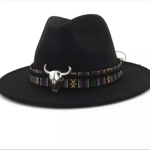 Western Fedora Hat Silver Cow Skull Wide Brim Felt Panama BOHO Black