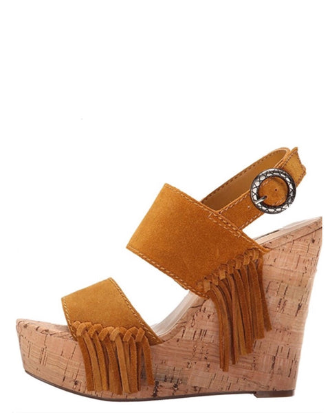 Brown Leather Fringe Wedge Sandals - Wild Time Fashion 