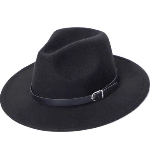 Sleek Black Wide Brim Black Leather Buckle Fedora Hat - Wild Time Fashion