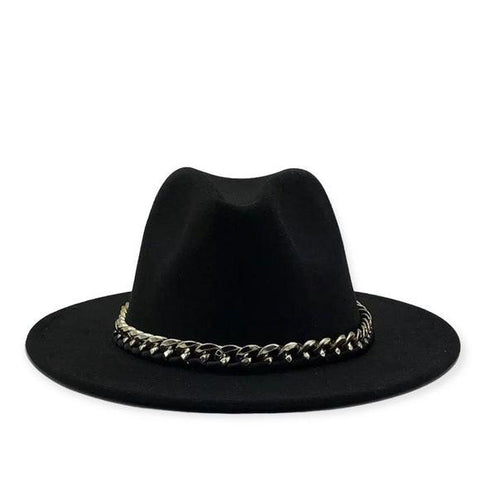 Black Fedora with Stylish Silver Chunky Chain Wide Stiff Brim and Tall Dented Crown -7 1/4 - 7 3/8- Wild Time Fashion