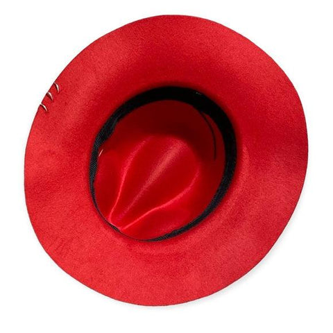 Red Dented Crown Panama Wide Brim Silver Pins & Rings Fedora Panama Hat - One Size - Wild Time Fashion