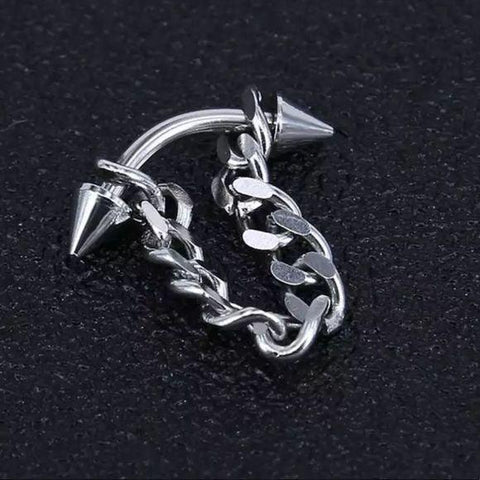 Stainless Steel Metal Silver Hanging Chain Double Spiked Piercing Nose Ears - Wild Time Fashion 