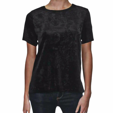 Short Sleeve Black Crushed Velvet Floral Print Shirt.