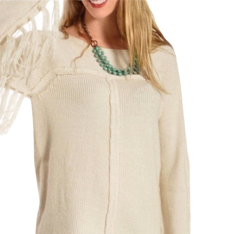 Women’s Cream Colored Fringed Sleeve Knit Sweater Medium 