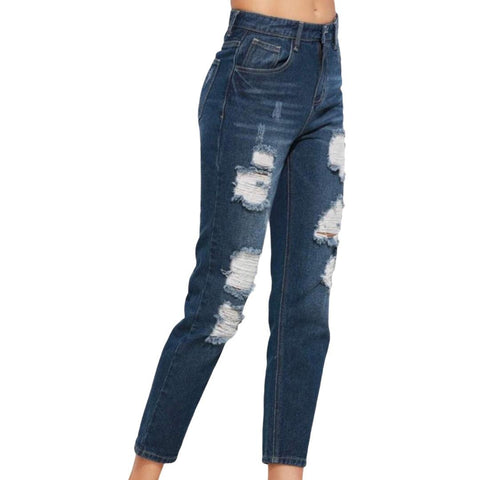 Women’s Dark Blue Distressed Denim Jeans - Wild Time Fashion