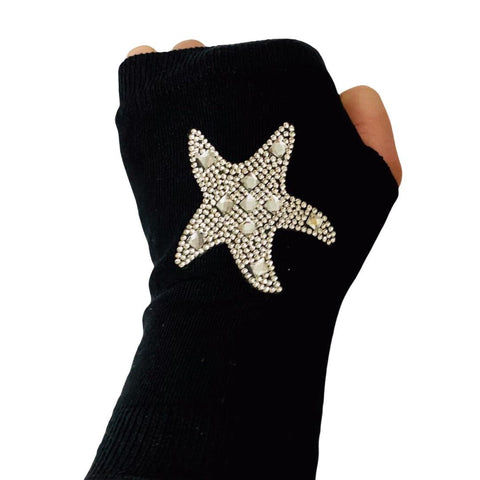 Women’s Fingerless Gloves Black Knitted Glittery Detailed Gloves - Wild Time Fashion 