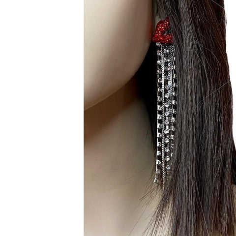 Women’s Long delicious Red Lips Silver Rhinestone Chain Earrings