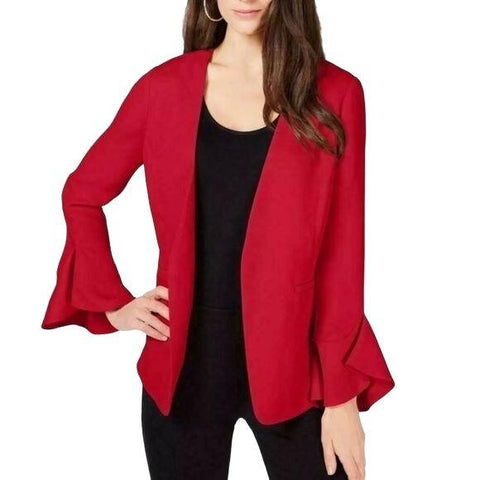 Collarless Open Front Pockets Long Flared Sleeve Blazer - Large - Wild Time Fashion