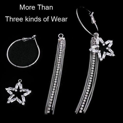 Silver Hoop Dangling Chain Crystal Star Statement Earrings - Wild Time Fashion