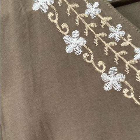 Women's Olive Green V-Neck Short Sleeve White Floral Embroidery Maxi Kaftan Beach Dress Split Side Hemline- M/L - Wild Time Fashion