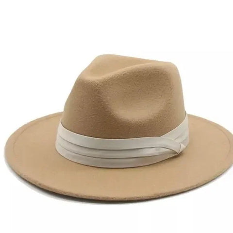 Fedora Hat with a Tall Dented Crown Stiff Brim  Wide Satin Band Tan Hat - Size 7 3/8  - Wild Time Fashion