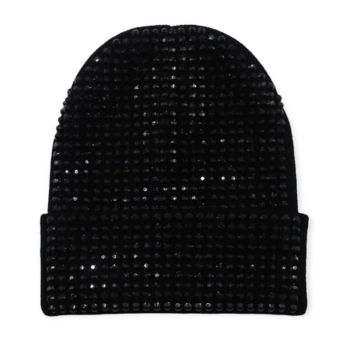 Black  Rib Knit Bling Studded Beanie Hat- Wild Time Fashion