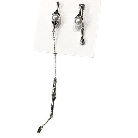 Women's Silver Simulated Pearls Asymmetrical Dangling Earrings -2-3"- Wild Time Fashion